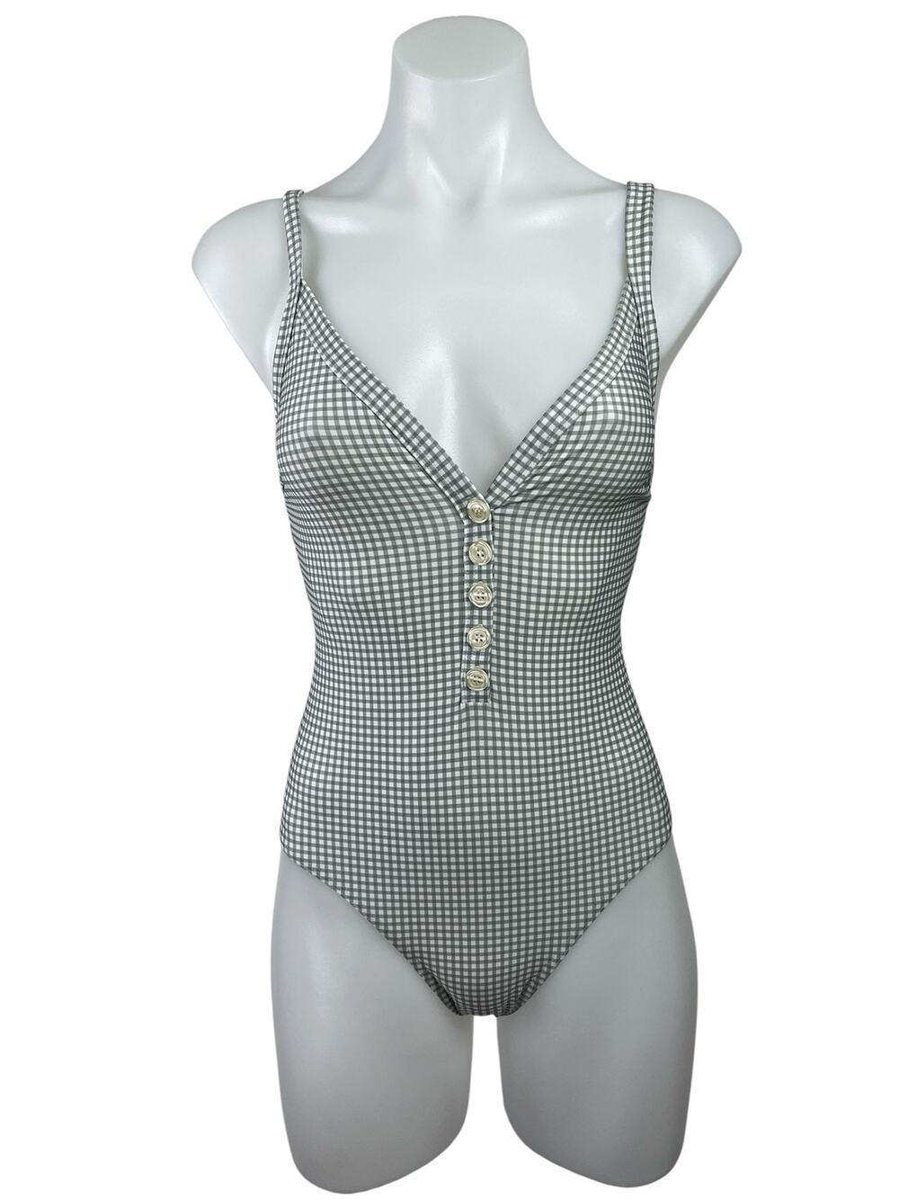 Rouje Women's Gray Button Gingham Check V Neck One Piece Swimsuit Swimwear 4